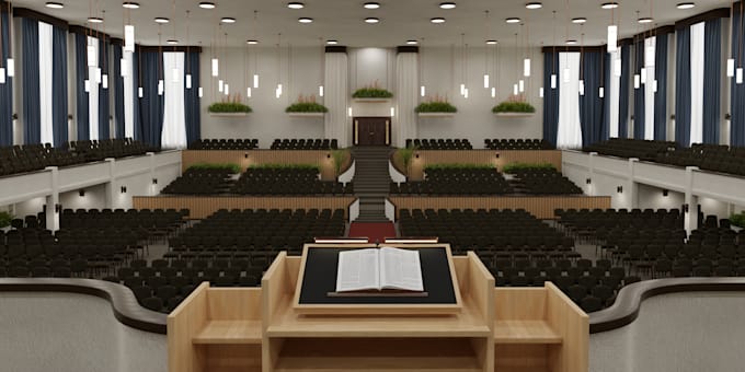 design church interior design with realistic 3d rendering and floor plan