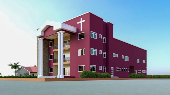design modern church interior, exterior with realistic rendering