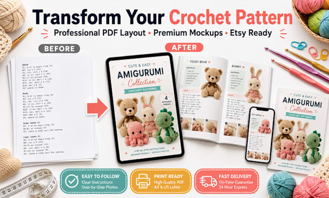 create custom amigurumi crochet patterns with PDF and realistic mockups