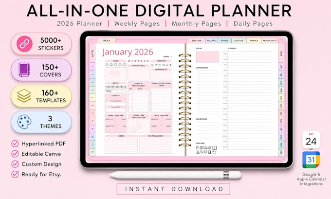 design hyperlinked pdf planner, etsy digital planner, goodnotes planner
