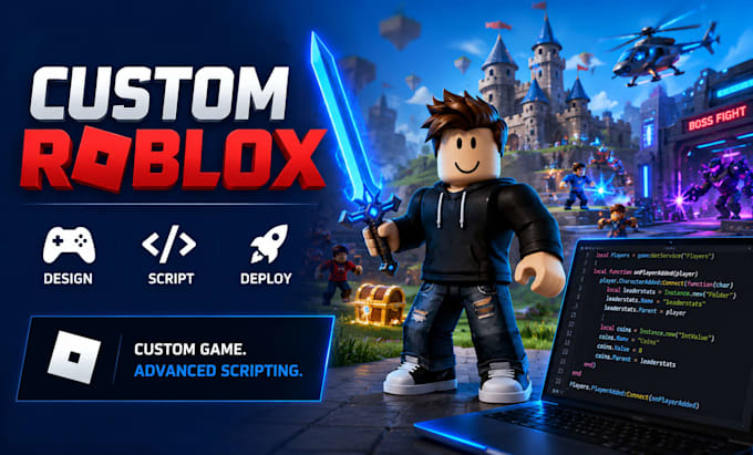 design develop update a custom roblox game with advanced roblox scripting roblox