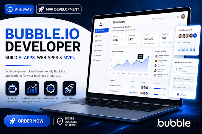 build bubble io ai saas, mvp, web app, custom CRM dashboard developer