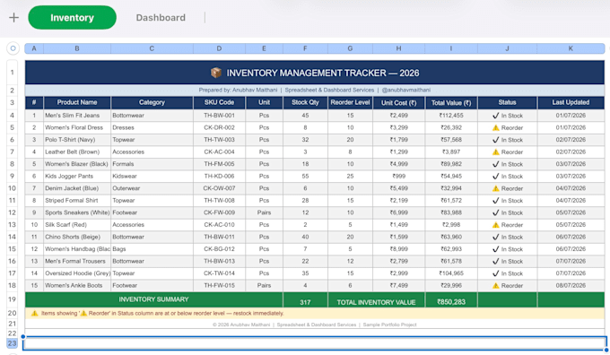 create an excel inventory tracker and stock dashboard
