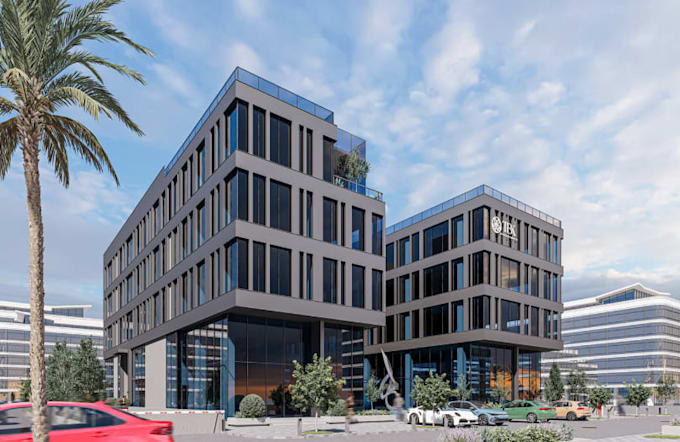 realistic 3d exterior render for office building, office interior layout render