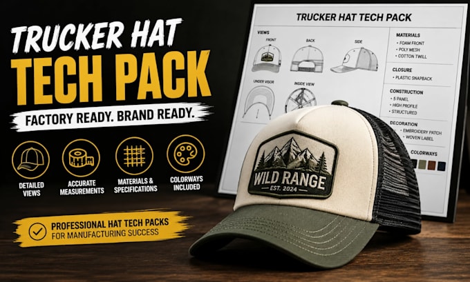 create cap tech pack, hat, dad cap and snapback ready for manufacturing