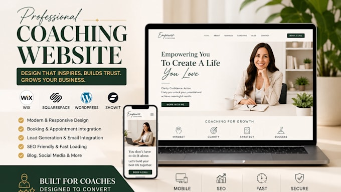 design a coaching website on wix, squarespace, wordpress or showix