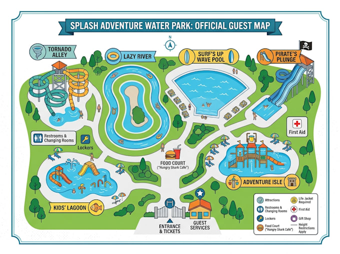 create water park map, attraction map, recreation map, visitor map, vector map