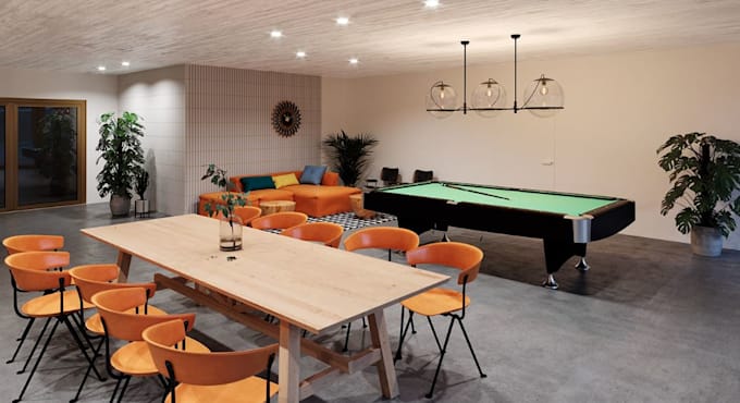 3d communal lounge space visual, meeting room design, interior layout cgi render