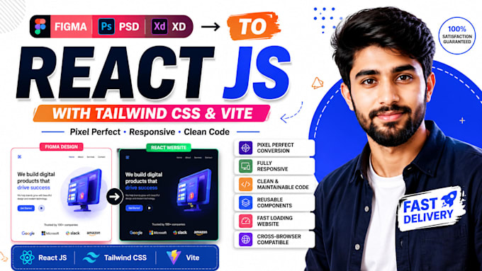 convert figma, PSD or xd to react js with tailwind CSS