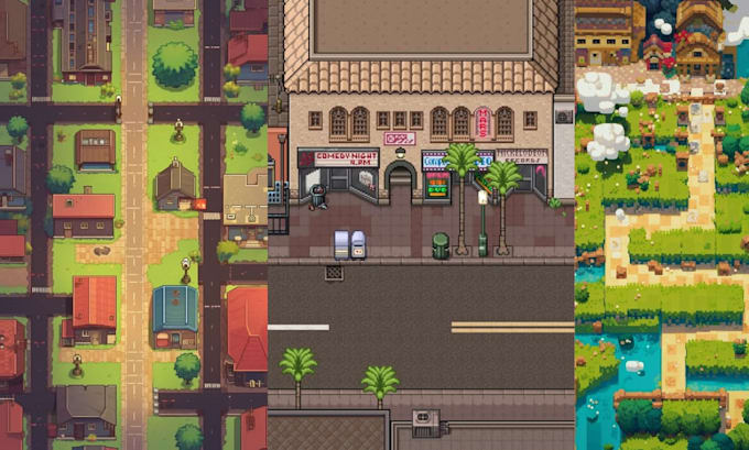 design 2d pixel art tilesets game environments tilemaps game assets game tileset