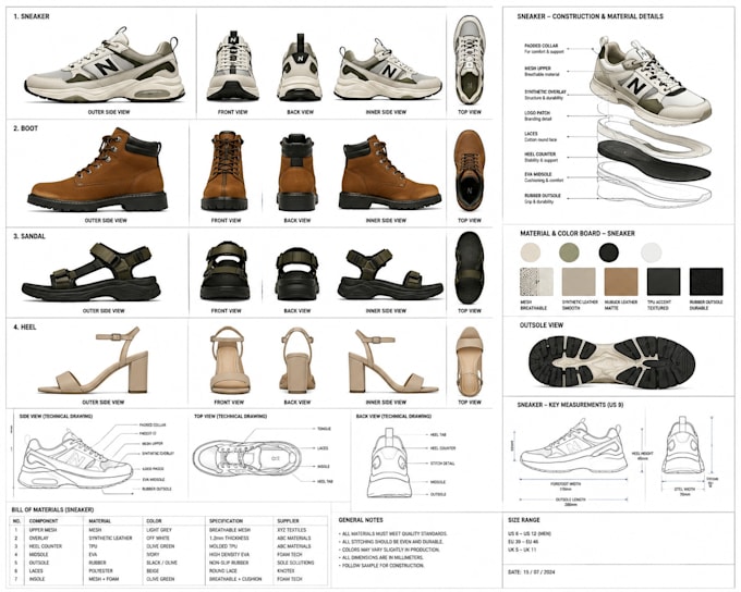 create shoe tech pack, footwear tech pack, sneaker technical flats manufacturing