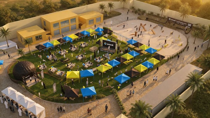 create realistic render of 3d event, exhibition and festival designs