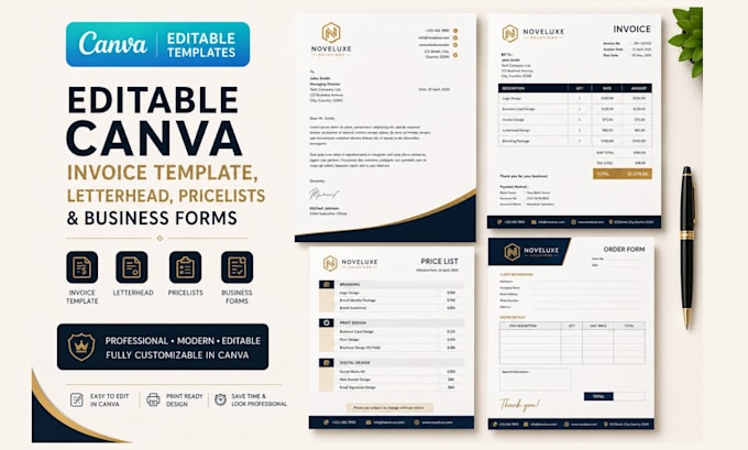 desgn editable canva invoice template, letterhead, pricelists and business forms