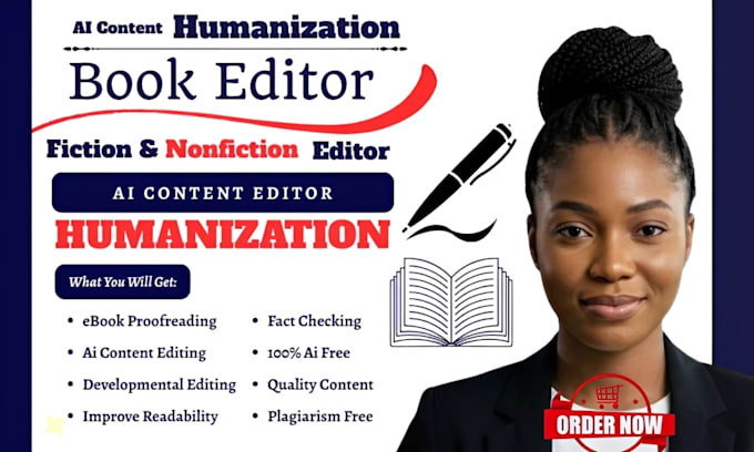 proofread, write,humanize ai ebook, ai content editing developmental book editor
