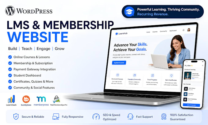 build wordpress lms membership website learndash buddyboss memberpress paid pro