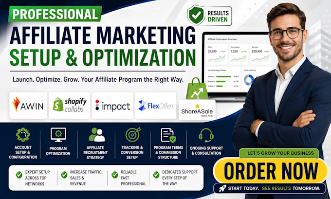 create and setup awin, shopify collabs, impact, flexoffers shareasale for you