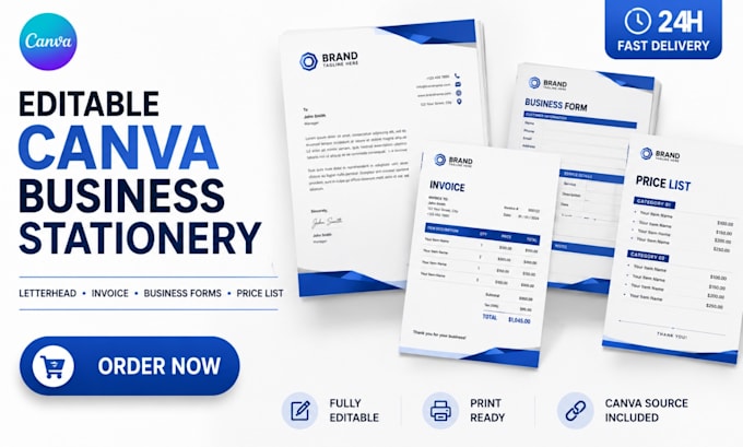 design editable canva letterhead, invoice template, business forms, price list