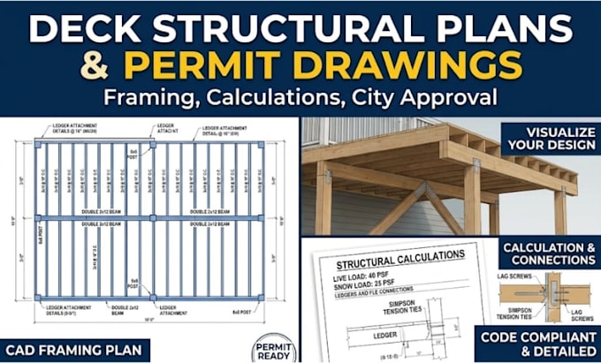 design deck structural plans, calculations, framing for USA city permit drawings