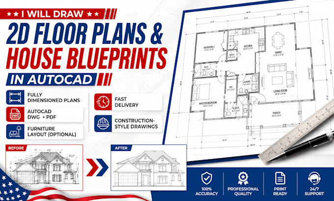 draw 2d floor plan house blue print in autocad