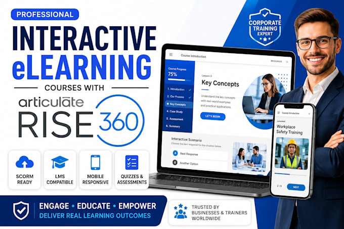 build interactive articulate rise 360 elearning course scorm lms training module
