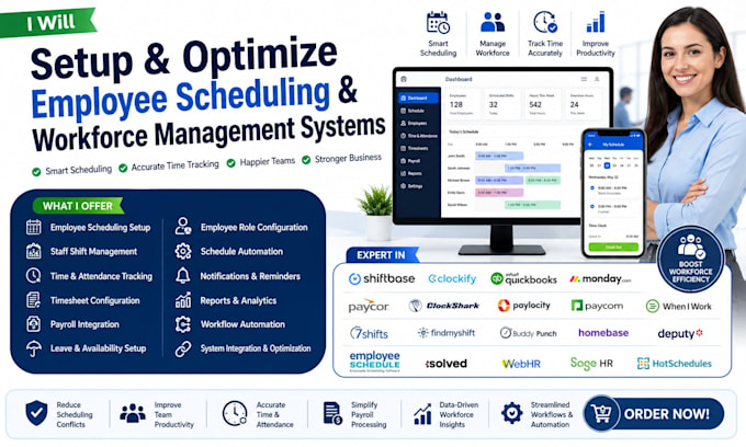 setup employee schedule shiftbase clockify quickbooks monday connecteam paycor