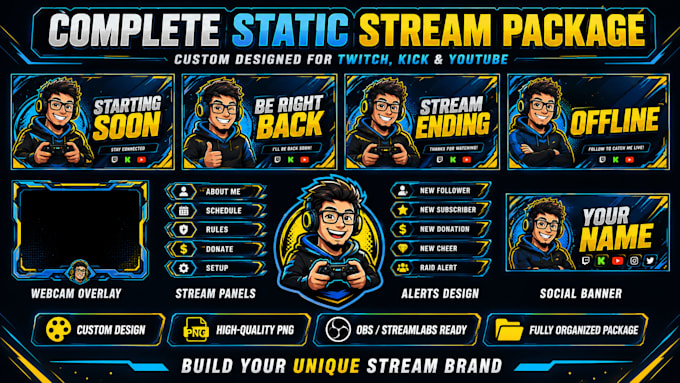 create static twitch stream overlays, screens, panels and stream branding