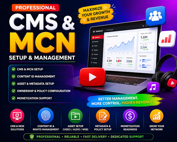 help you with youtube cms, mcn setup and monetization