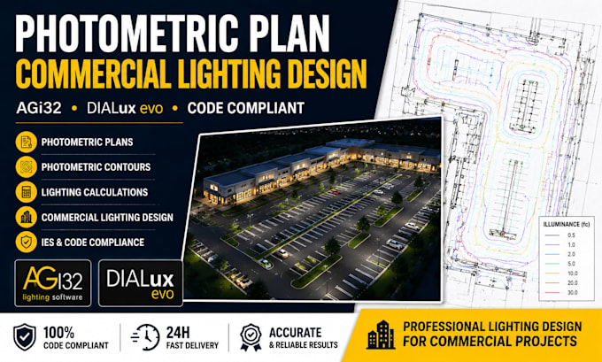 create code compliant photometric plans, contours and commercial lighting design