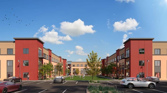 redesign apartment complex, building exterior earth tones, facade elevation, cgi