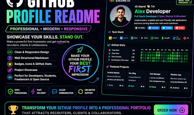 create a professional github profile readme