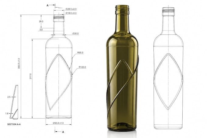 create professional bottle technical drawing for manufacturing
