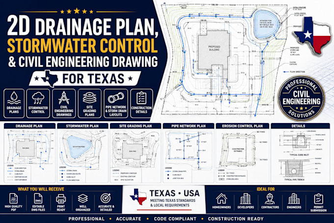 do 2d drainage plan, stormwater control and civil engineering drawings for texas