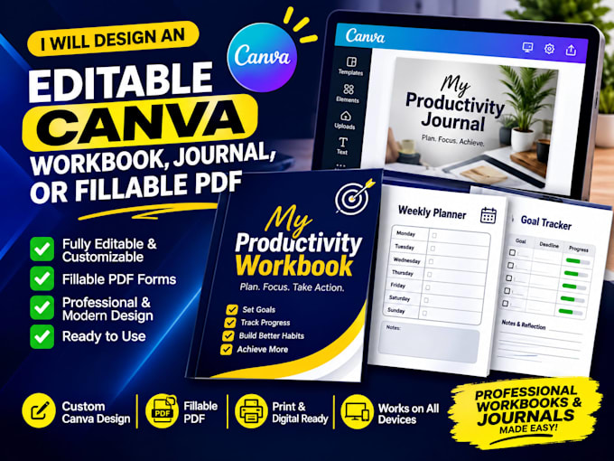 design an editable canva workbook, journal, or fillable PDF