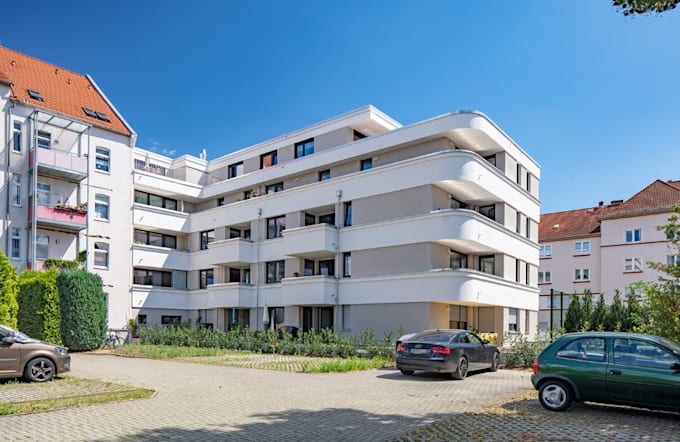 render multi unit apartment layout, motel 3d exterior design, cgi outdoor visual