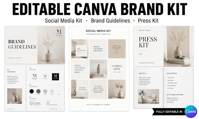 editable canva social media kit, brand guidelines, creator press media templates