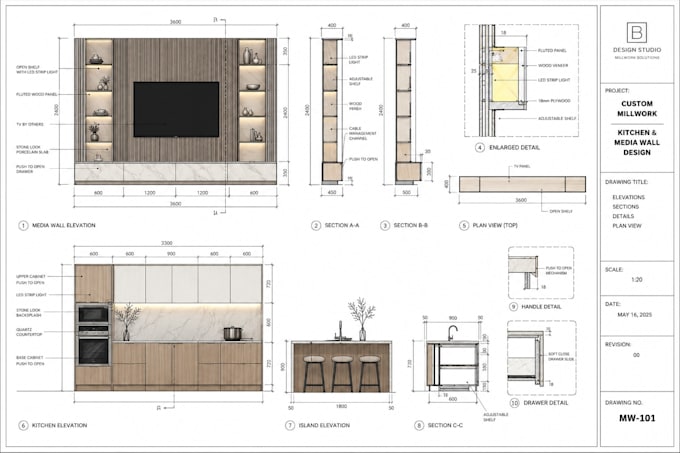 create custom millwork drawings, kitchen cabinet, tv wall, media wall design