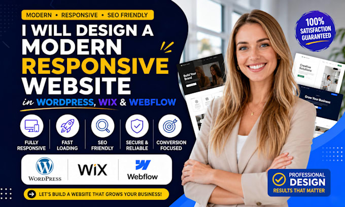 design a modern responsive website in wordpress, wix, and webflow