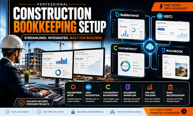 set up buildertrend, xero, coconstruct and buildbook bookkeeping for builder