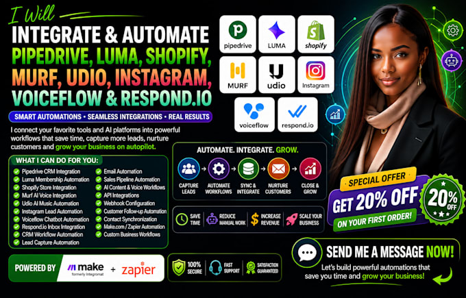 integrate slack pipedrive luma shopify murf udio insagram voiceflow respond io
