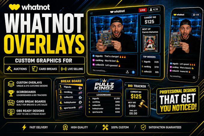 design custom whatnot overlays, scoreboards and stream graphics