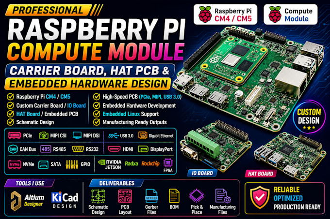 design raspberry pi compute module carrier board, hat pcb and embedded hardware