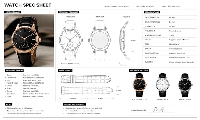 design professional watch tech packs and technical drawings for manufacturing