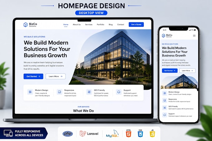 develop a responsive business website using PHP laravel