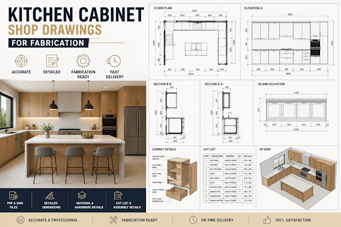 create detailed kitchen cabinet shop drawings for fabrication