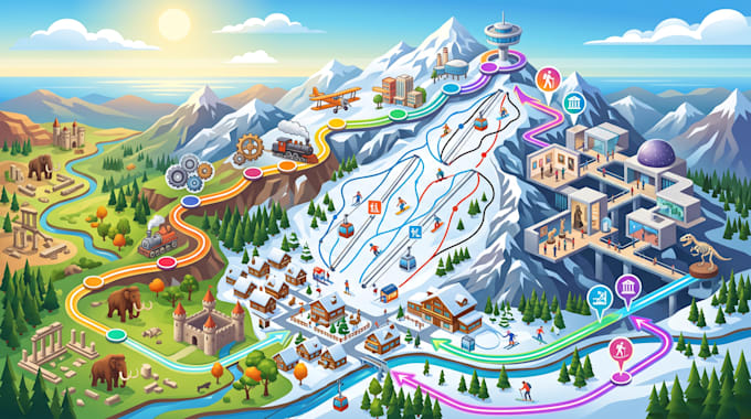 create wayfinding map, museum map, timeline map and ski resort map