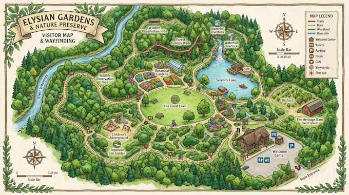 design illustrated site plan, visitor map, wayfinding, property, location map