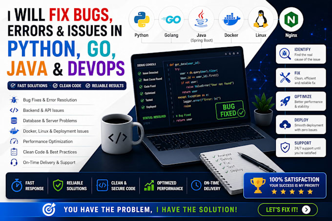 fix bugs, errors and issues in python, go, java and devops