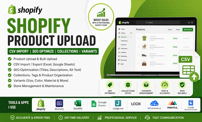 do shopify product upload, CSV import, optimize SEO, collections, variants store