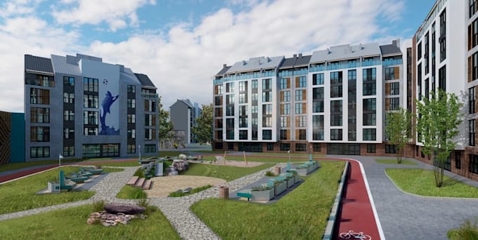 visualized exterior courtyard for multi building complex,landscape design,render