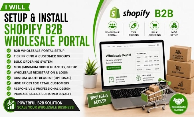 setup install shopify b2b wholesale portal tier pricing bulk ordering moq